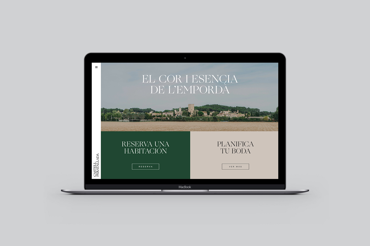 A laptop displaying a brand identity website with elegant typography, green and beige sections against a neutral grey background.