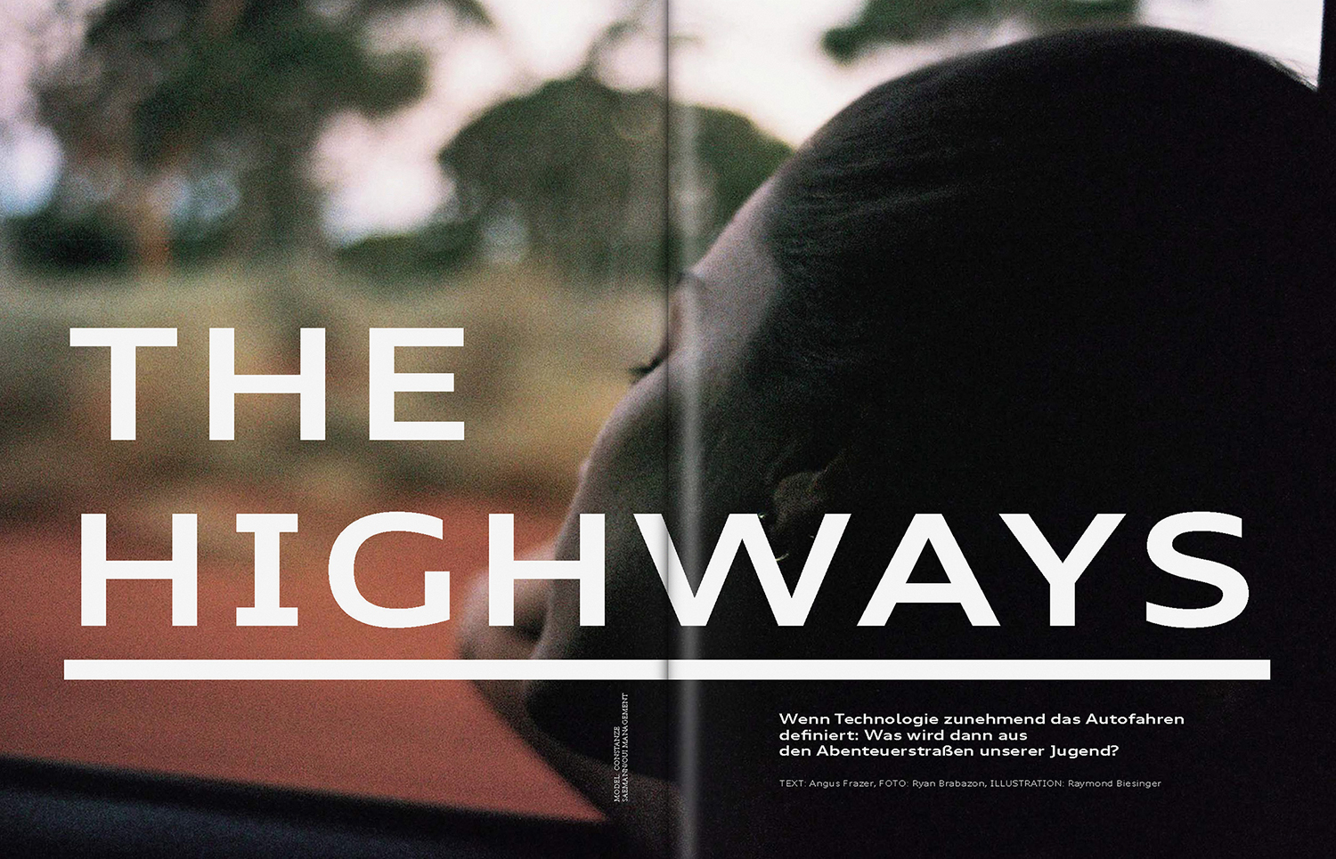Close-up profile of a person looking out a car window with blurred roadside scenery, overlaid with bold white text reading THE HIGHWAYS.