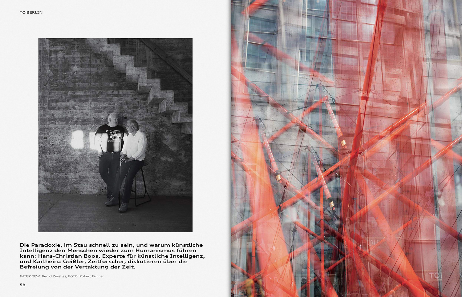 Spread showing black and white portrait of two men on left and abstract red graphic structure on right