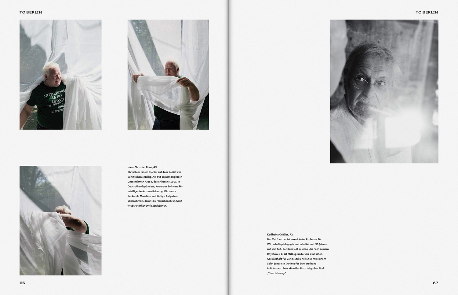 Spread from Audi brand identity editorial featuring multiple portrait photographs and German text columns on a white page layout