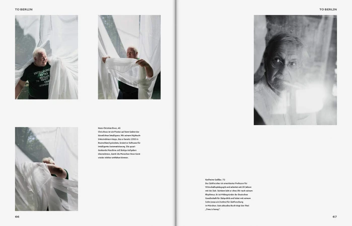 Spread from Audi brand identity editorial featuring multiple portrait photographs and German text columns on a white page layout