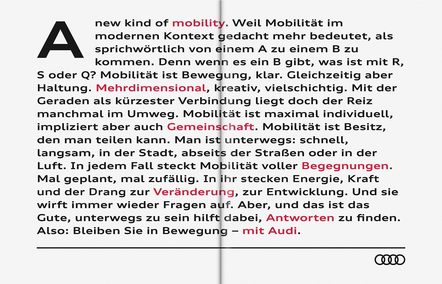Typographic brand identity layout for Audi with German text and the four rings logo against a white background.