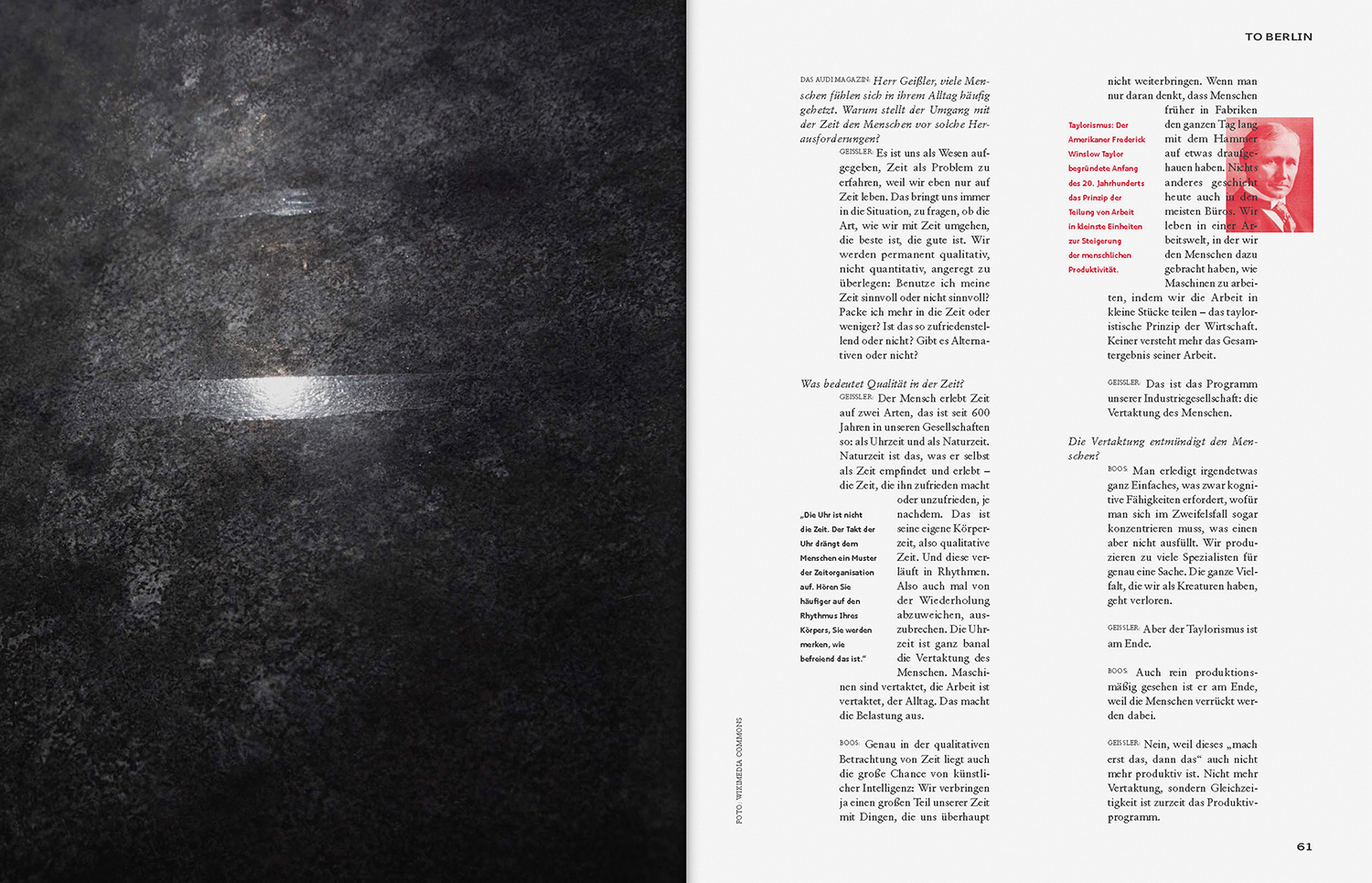 Spread from Audi magazine featuring textured dark surface alongside columns of German typography and a red portrait inset.