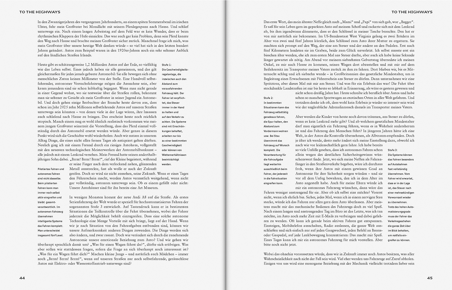 Spreading double-page layout of a publication featuring editorial German text and typography on white paper for Audi.