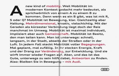 Typographic brand identity layout for Audi with German text and the four rings logo against a white background.