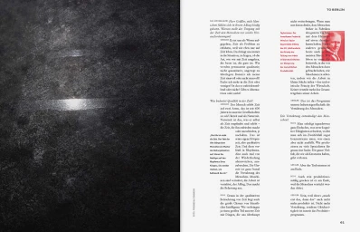 Spread from Audi magazine featuring textured dark surface alongside columns of German typography and a red portrait inset.