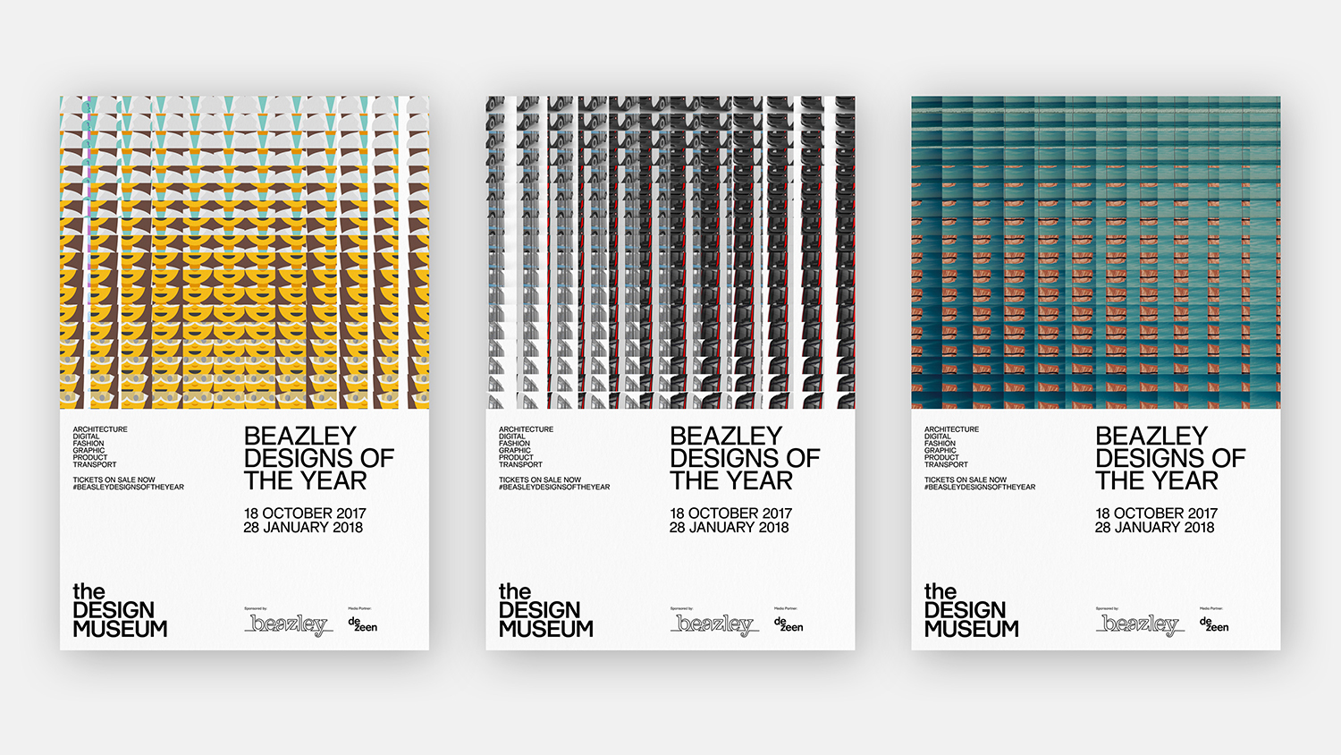 Three vertical graphic posters for Beazley Designs of the Year featuring repeating patterns and typographic layouts on white backgrounds.