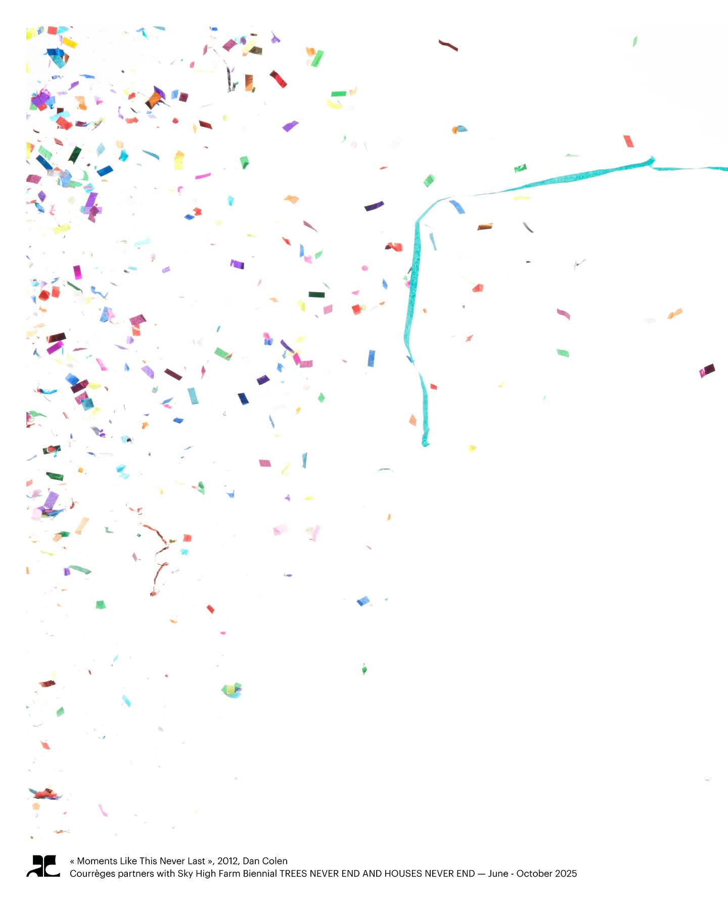 Colorful confetti pieces scattered across a clean white background with fine text at the bottom corner