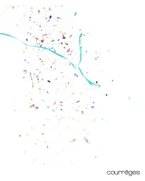 Colorful confetti pieces and thin blue ribbon scattered across a bright white background with a courreges logo at bottom right.