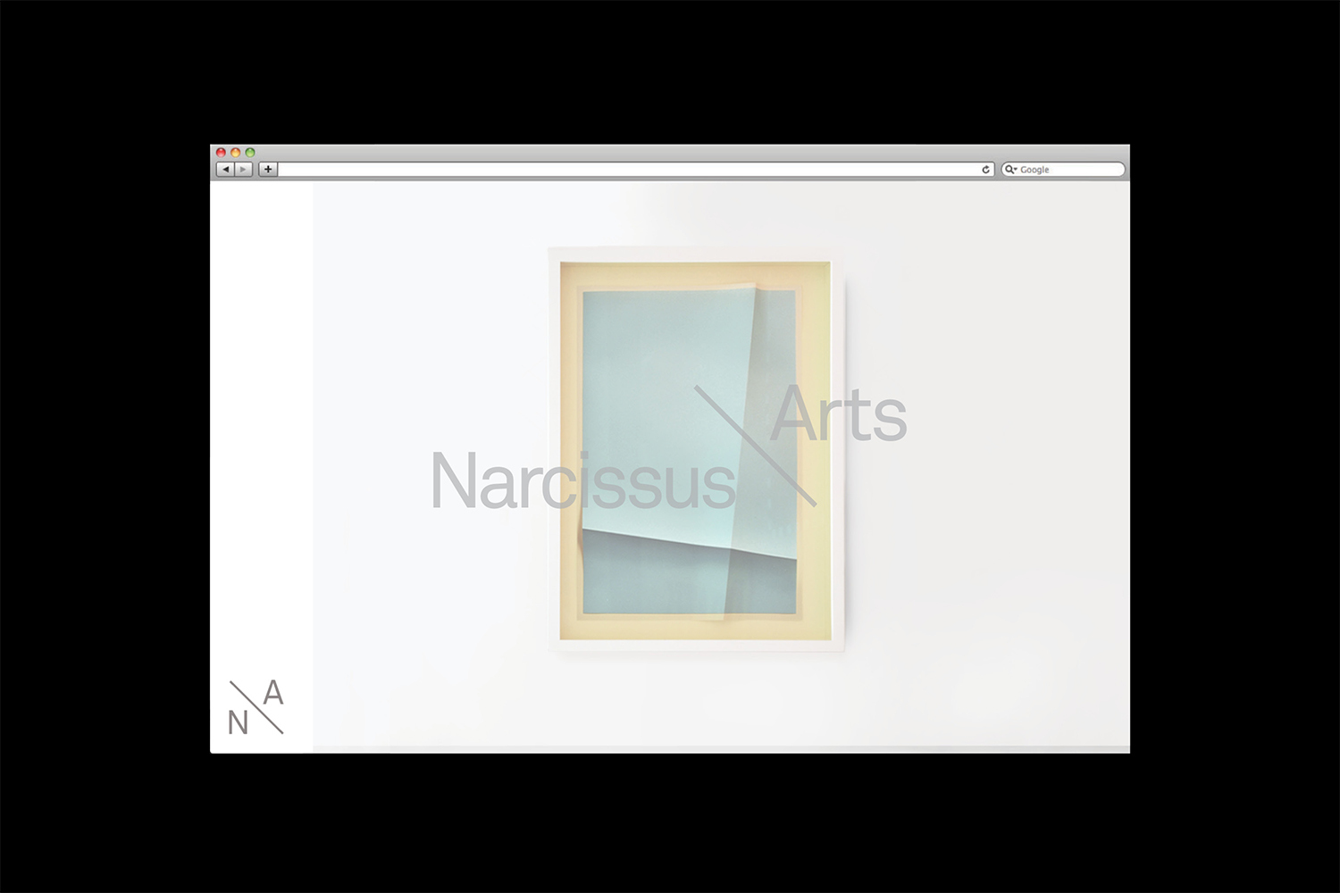 Browser window mockup displaying a white framed artwork with pale blue and cream paper layers and subtle Narcissus Arts typography.