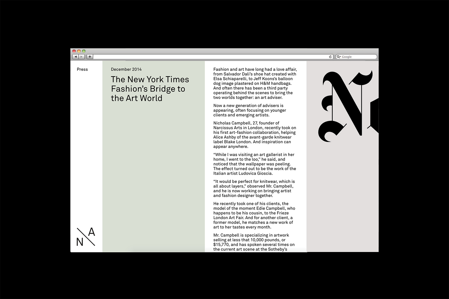 Digital browser interface displaying a New York Times article about art and fashion for Narcissus Arts brand identity.