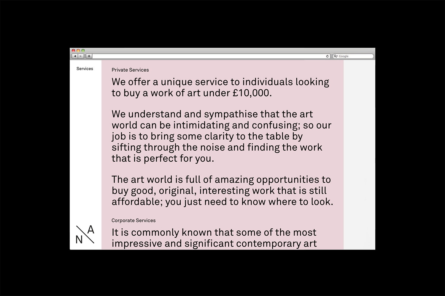 Browser window mockup displaying text about private art services for Narcissus Arts brand identity design