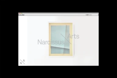 Browser window mockup displaying a white framed artwork with pale blue and cream paper layers and subtle Narcissus Arts typography.