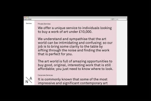 Browser window mockup displaying website design with pink and white panels and black typography for Narcissus Arts brand identity