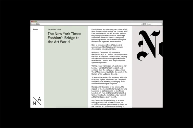 Digital browser interface displaying a New York Times article about art and fashion for Narcissus Arts brand identity.