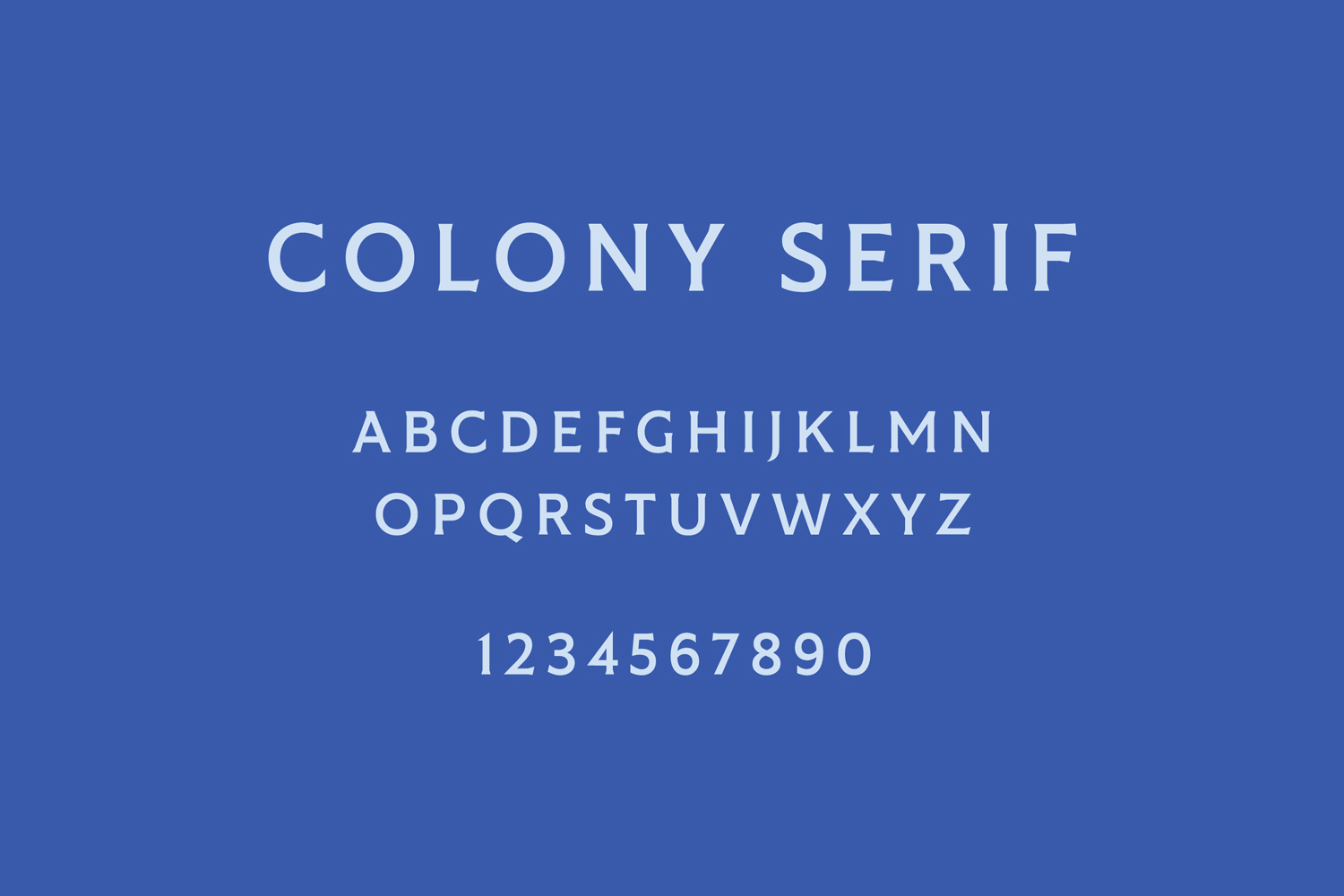 Colony Serif typeface specimen showing alphabet letters and numbers in light blue on a solid blue background.