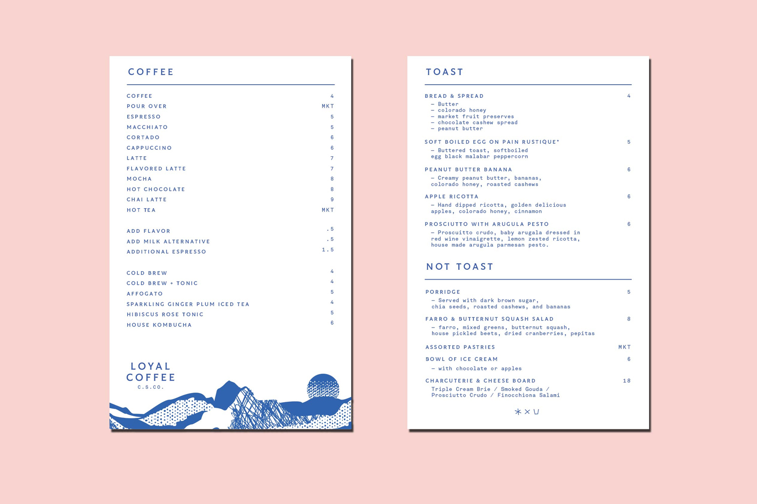 Two white menu cards with blue typography and mountain illustration set against a pale pink background