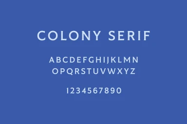 Colony Serif typeface specimen showing alphabet letters and numbers in light blue on a solid blue background.