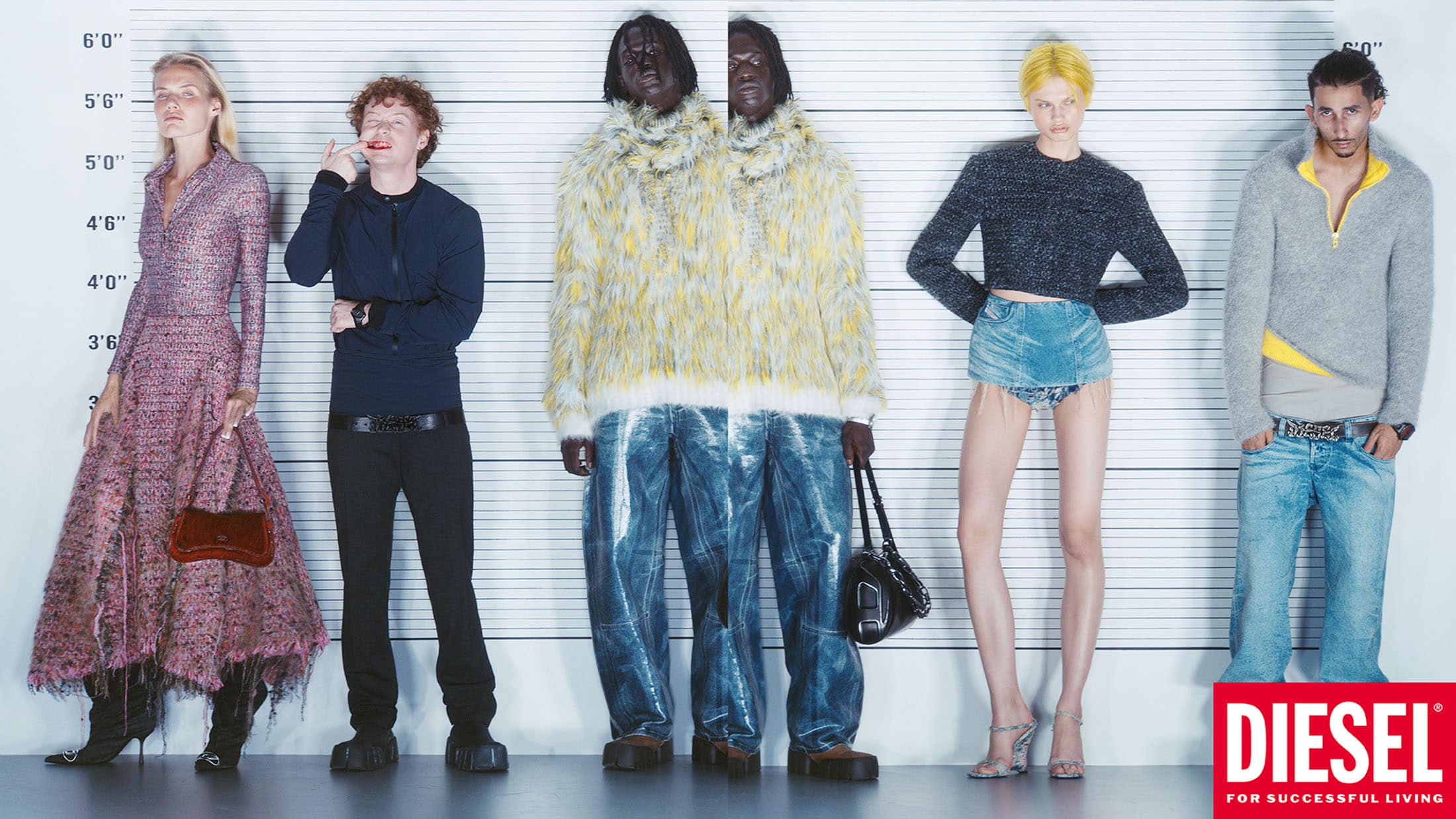 Group of diverse models posing against a police height chart wall for Diesel ad campaign