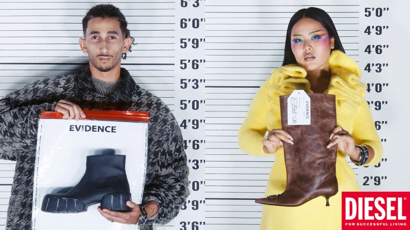 Two models standing in front of police height chart backdrops holding evidence bags with boots for Diesel Fall 2025 campaign.