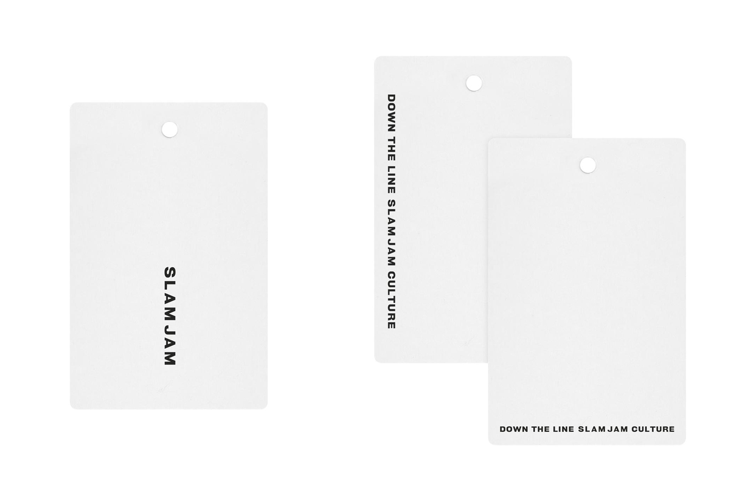 Three white product hangtags featuring black branding text against a clean solid white background