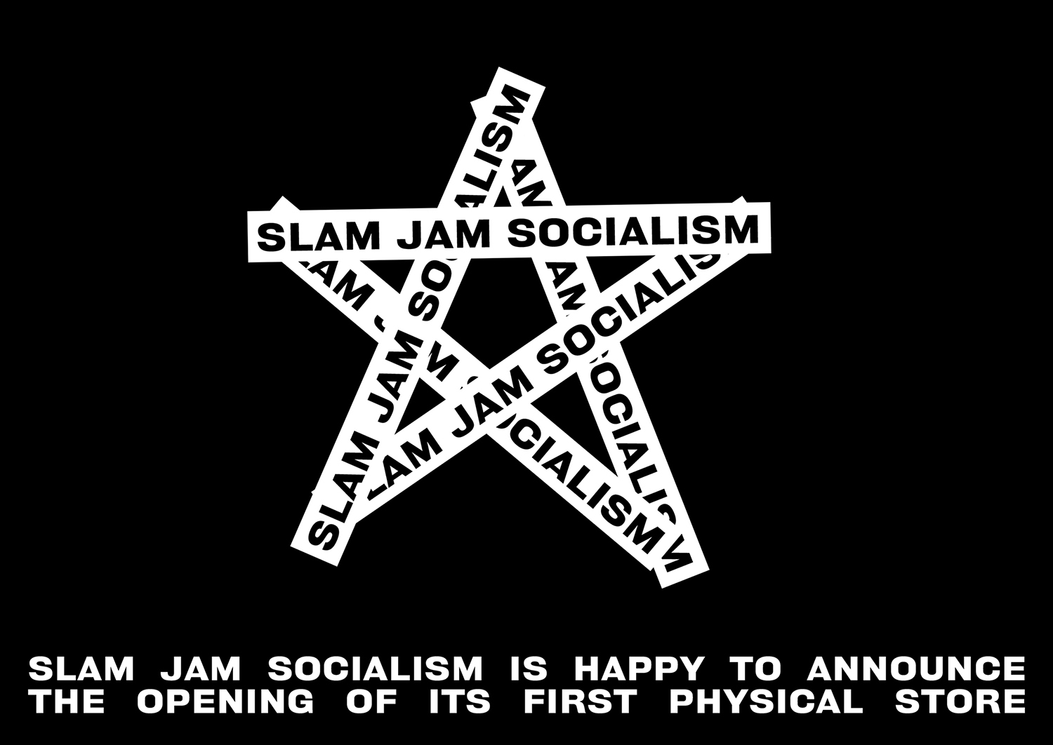 White pentagram graphic composed of text banners reading Slam Jam Socialism against a solid black background.