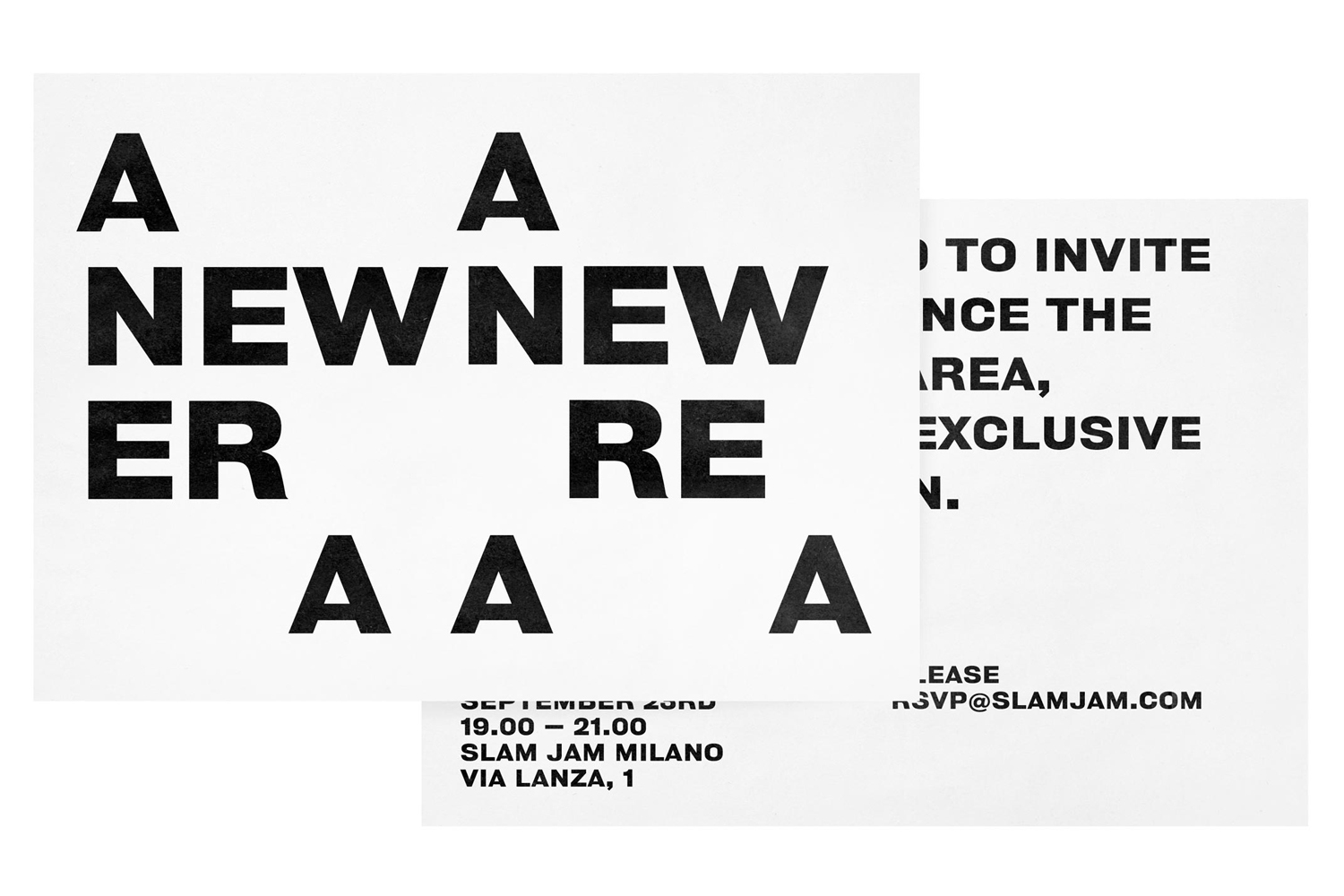 Slam Jam brand identity graphic design featuring bold black typography on white paper cards with event details and bold letters.
