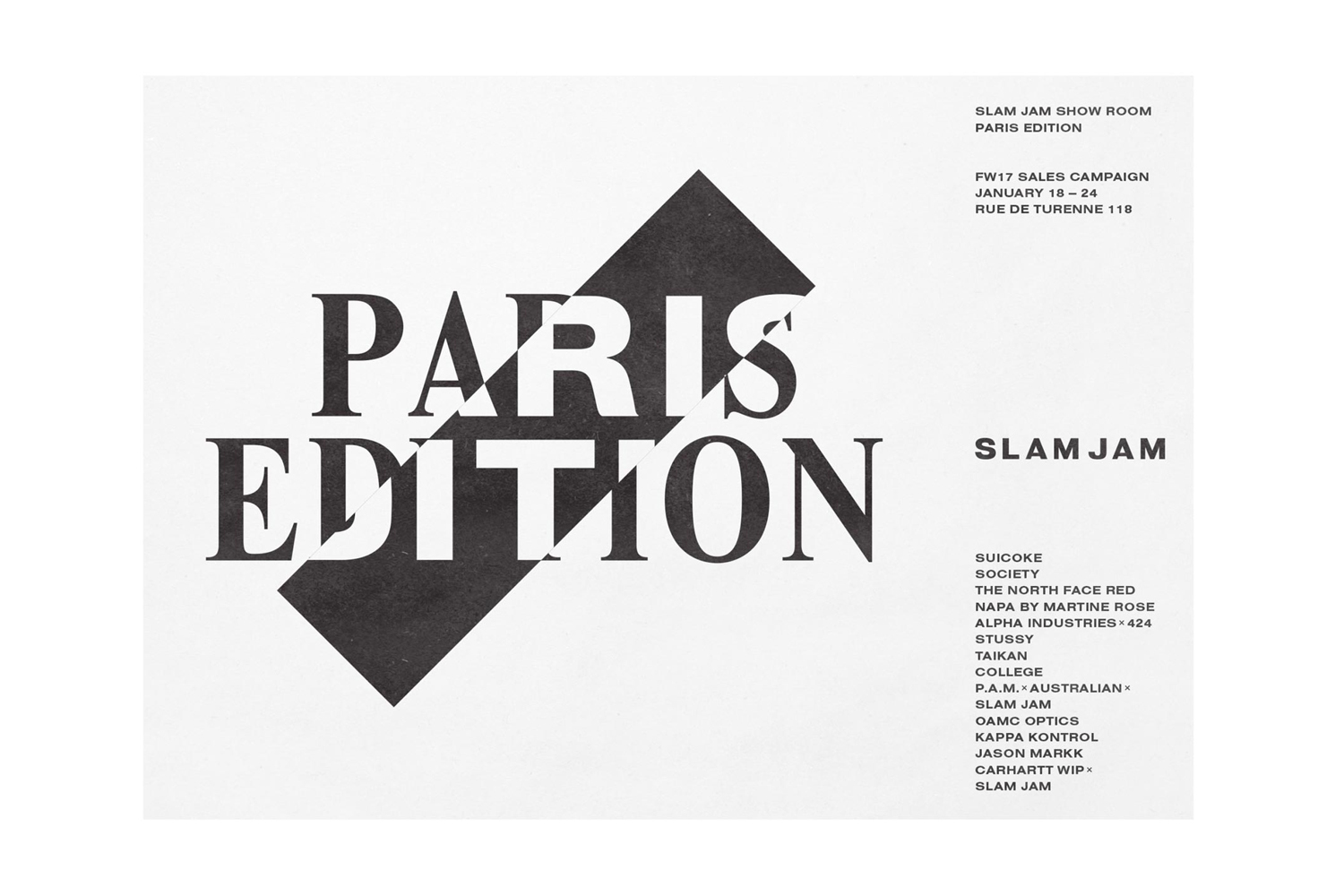 Graphic design poster featuring bold black typography reading PARIS EDITION overlaid on a diagonal stripe for Slam Jam.