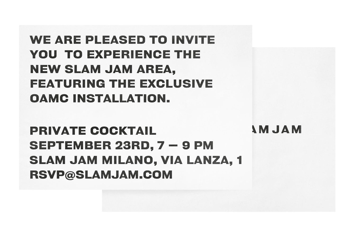 Printed invitation card for Slam Jam featuring bold sans-serif typography on white paper