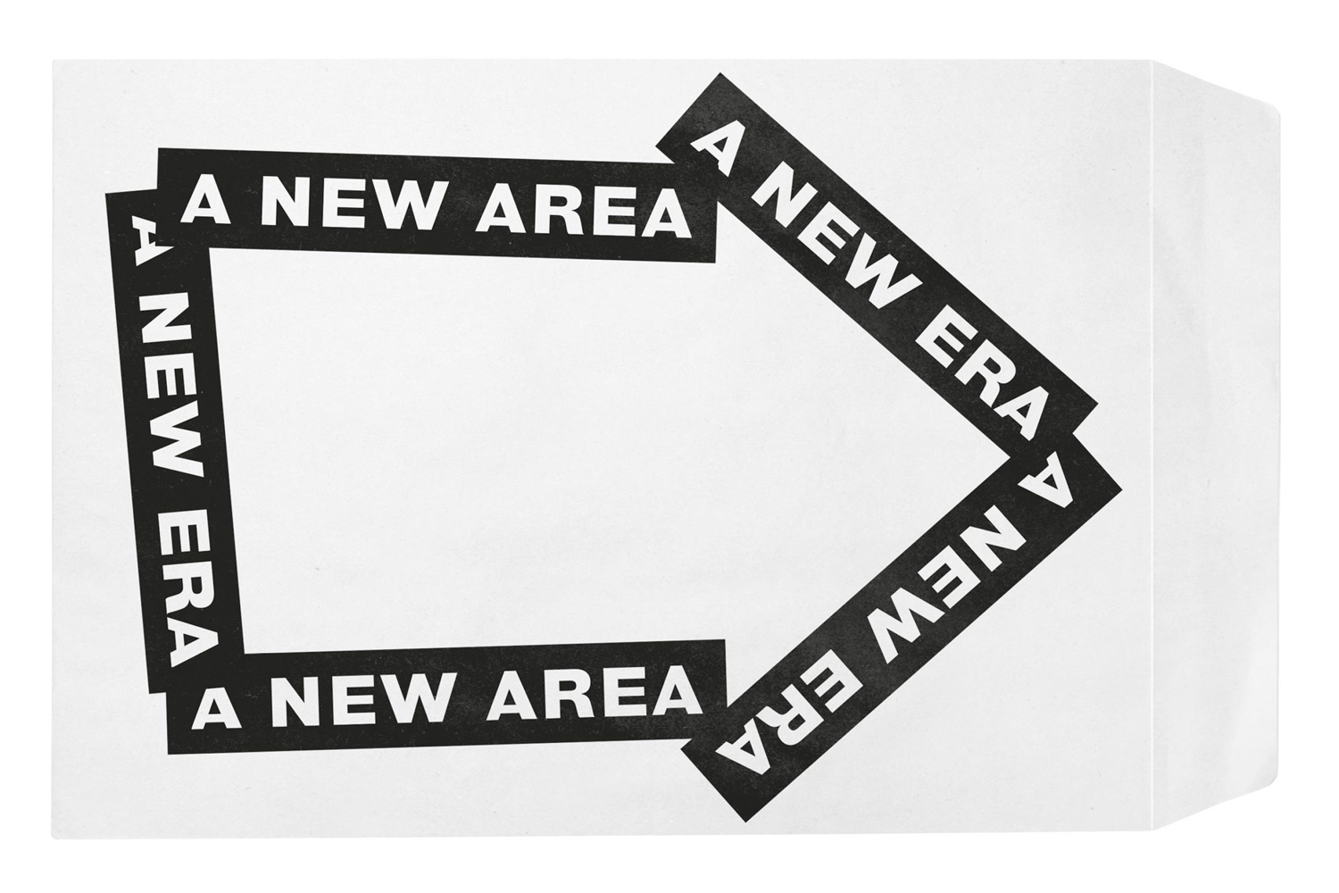 White paper envelope featuring black rectangular tape strips printed with the repeated white text A New Area forming an arrow shape