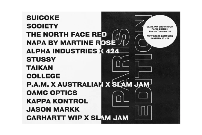 Monochrome graphic design poster listing fashion brands in bold sans serif typography with a circular showroom text element.
