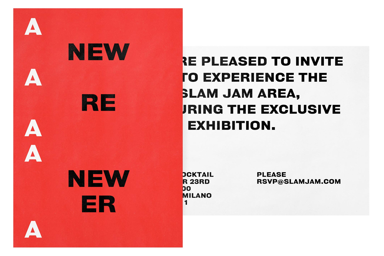 Red and white graphic design branding layout featuring bold black typography with the words NEW RE and repeated letter A.