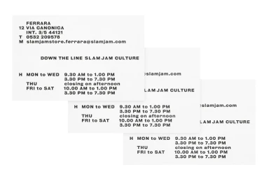 Stacked white cards featuring typographic store contact information and operating hours for Slam Jam brand identity project.