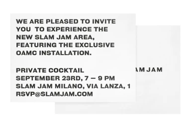 Printed invitation card for Slam Jam featuring bold sans-serif typography on white paper