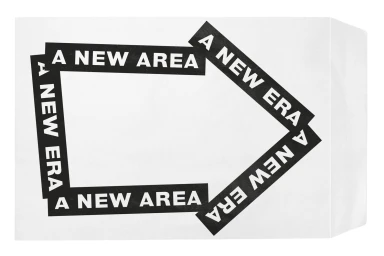 White paper envelope featuring black rectangular tape strips printed with the repeated white text A New Area forming an arrow shape