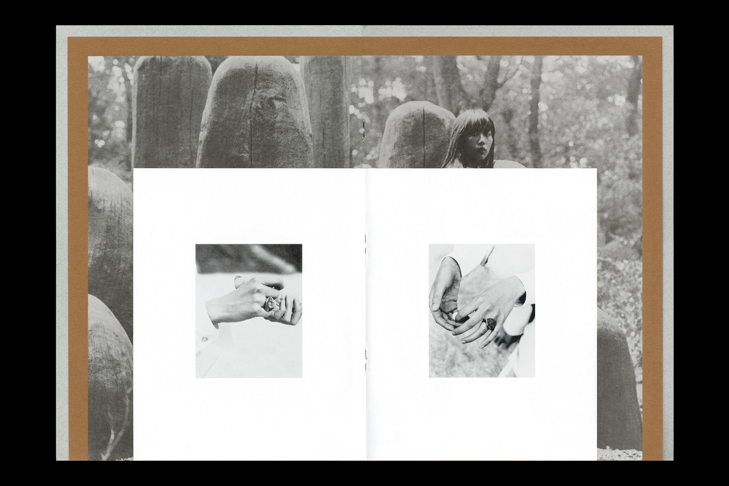 Black and white editorial layout by OK-RM for Patcharavipa featuring layered imagery of hands with rings and a person among stone structures.