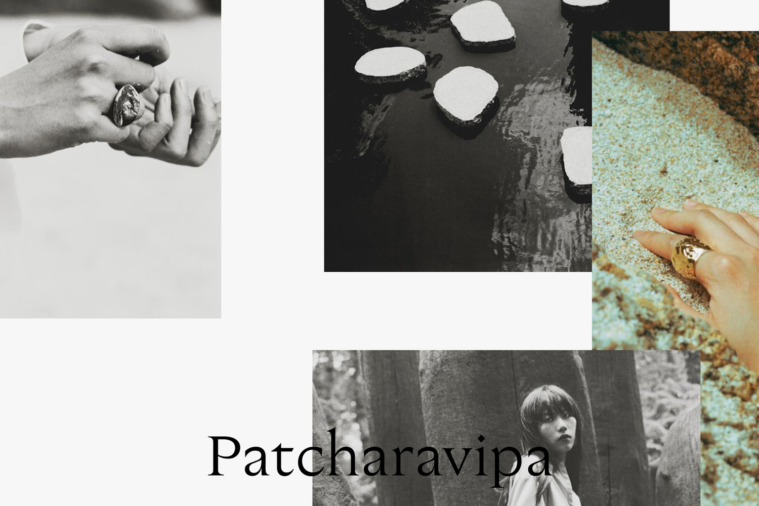 Collage of black and white and colour images featuring gold jewellery on hands, textured stones, and a portrait for Patcharavipa brand identity