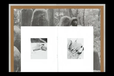 Black and white editorial layout by OK-RM for Patcharavipa featuring layered imagery of hands with rings and a person among stone structures.