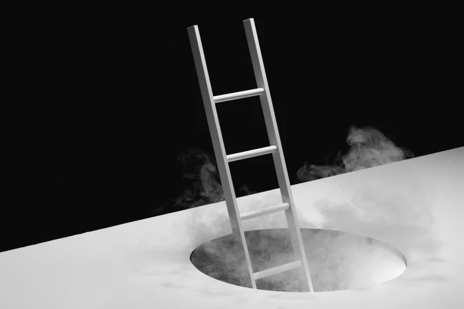 White ladder emerging from a circular hole in a white surface against a dark background with wisps of smoke.