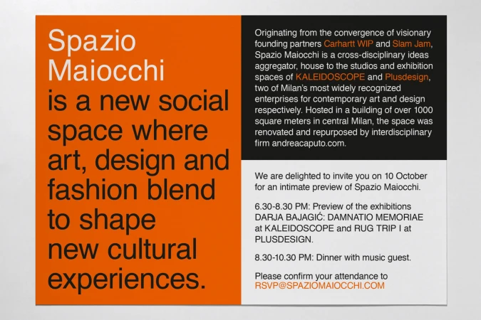Graphic design brand identity layout with vibrant orange and white blocks featuring bold sans-serif typography about Spazio Maiocchi