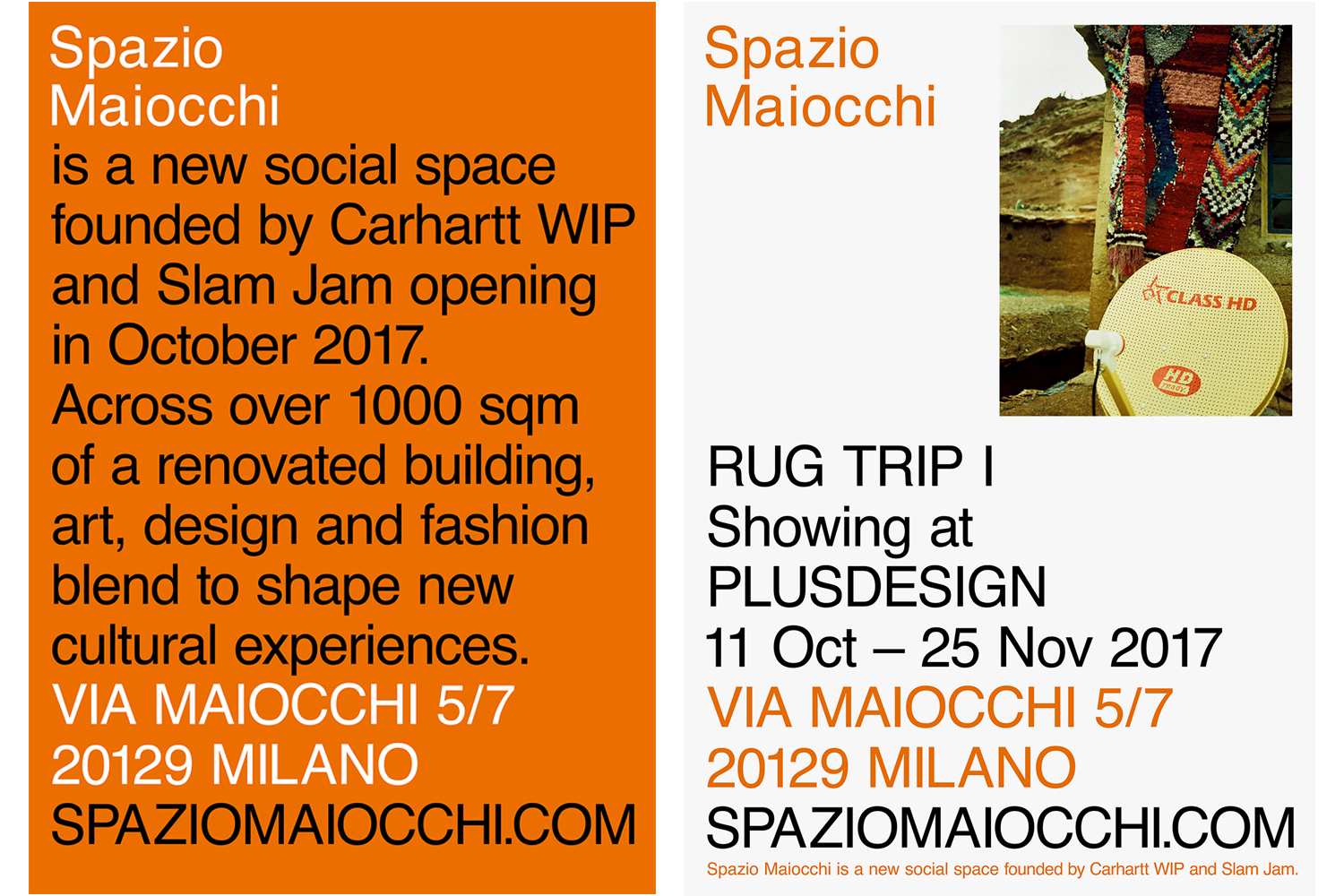 Graphic design poster featuring bold typography and an inset photo of a satellite dish and textile for Spazio Maiocchi.