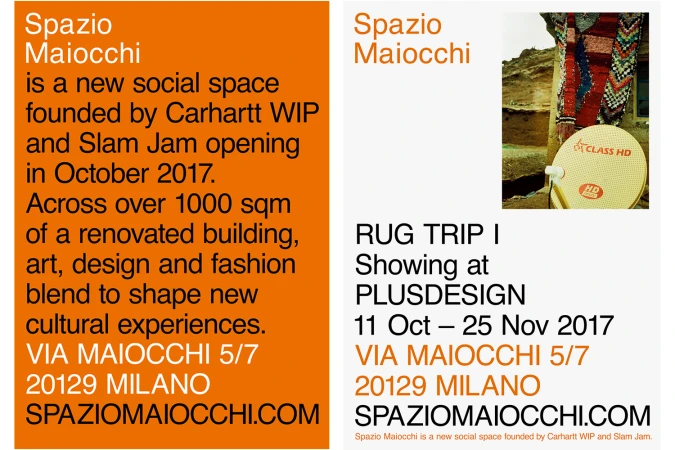 Graphic design poster featuring bold typography and an inset photo of a satellite dish and textile for Spazio Maiocchi.