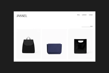 Jassel brand identity website layout featuring a minimalist e-commerce shop page displaying three luxury leather bags against a white background