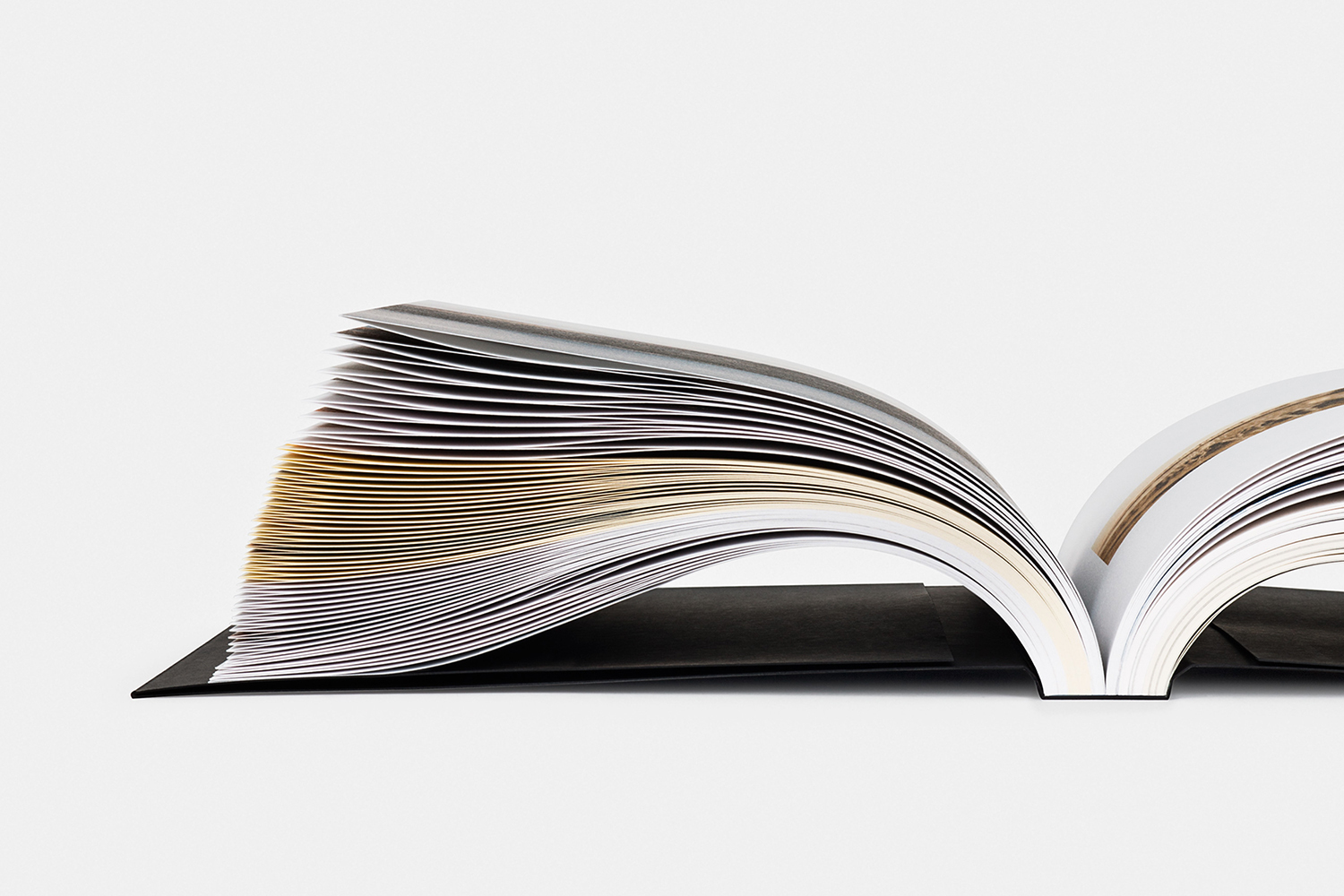 An open book viewed from the side, showing curved pages and a black cover against a plain white background.