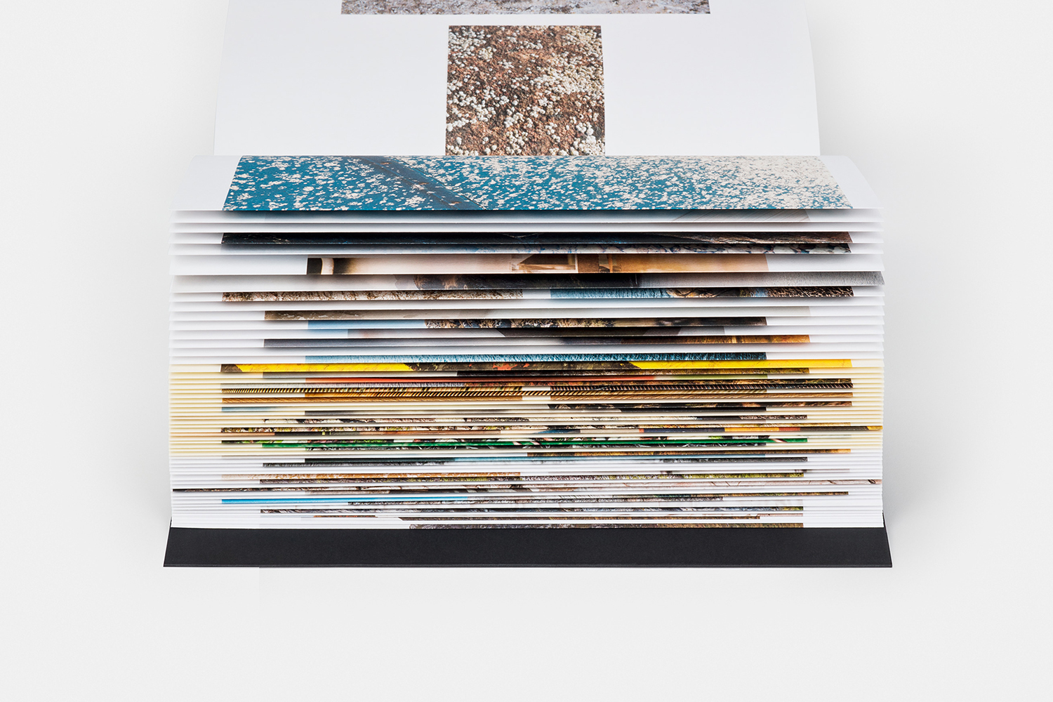 Close-up of a stacked book pages edge showing colorful printed imagery and paper textures on a neutral background.