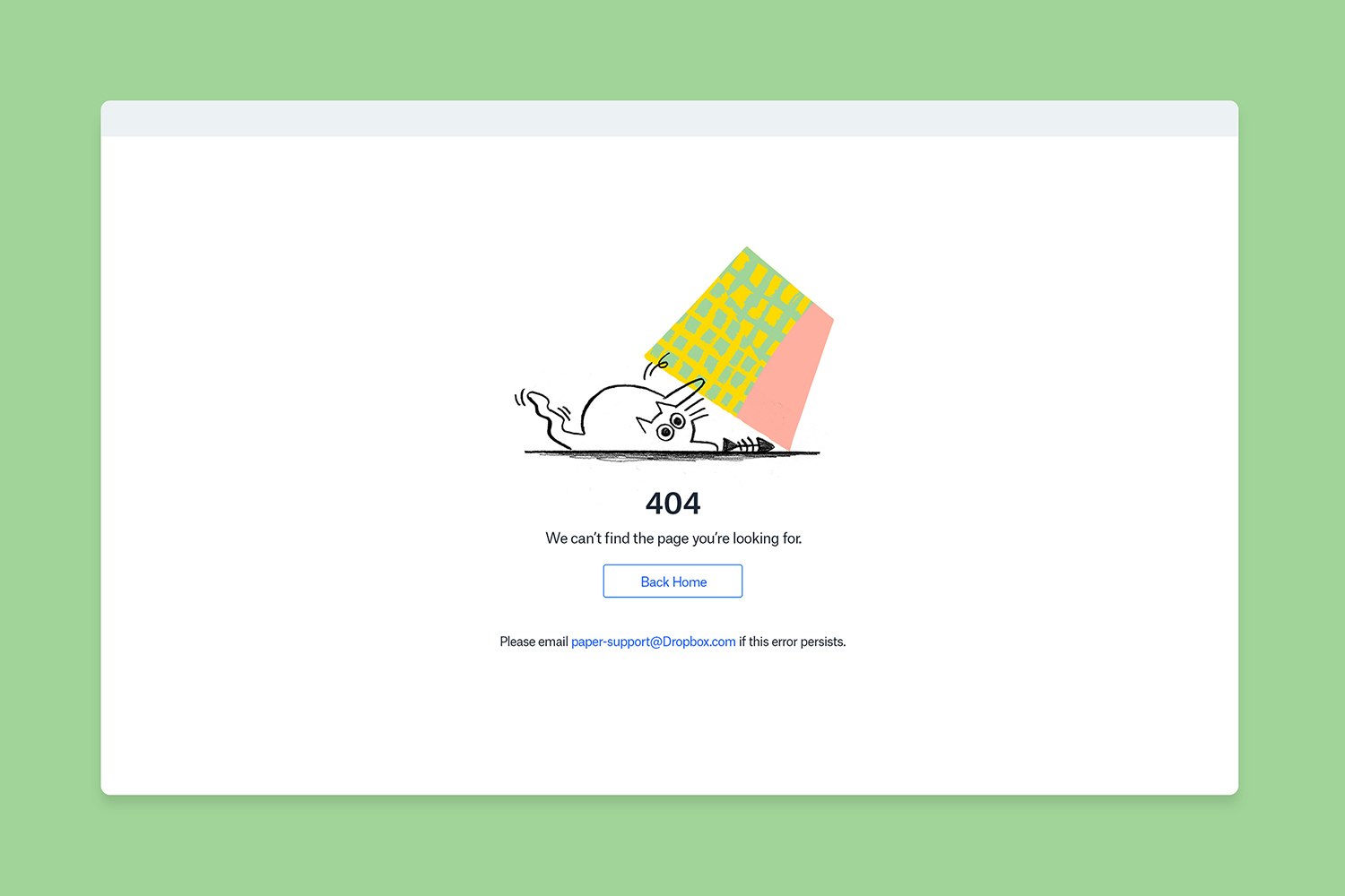 Dropbox 404 error web page design featuring playful cat illustration and a back home button against a green background
