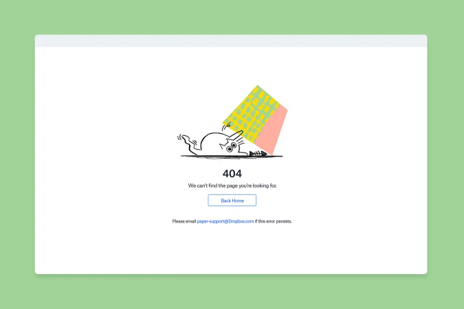Dropbox 404 error web page design featuring playful cat illustration and a back home button against a green background