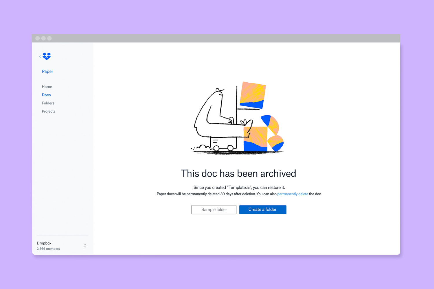 Dropbox Paper interface showing an archived document notice with minimalist vector illustration against a solid light purple background.