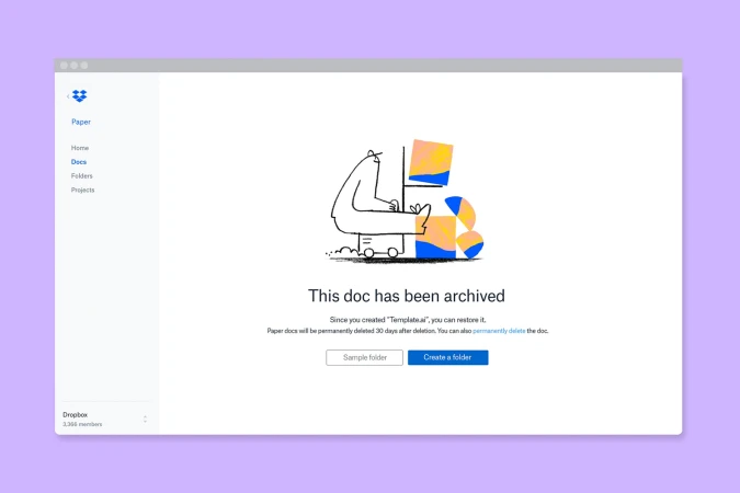 Dropbox Paper interface showing an archived document notice with minimalist vector illustration against a solid light purple background.