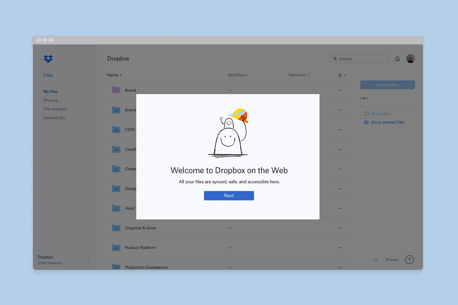 Digital interface screenshot displaying a Dropbox web application welcome modal with a hand-drawn cartoon illustration.